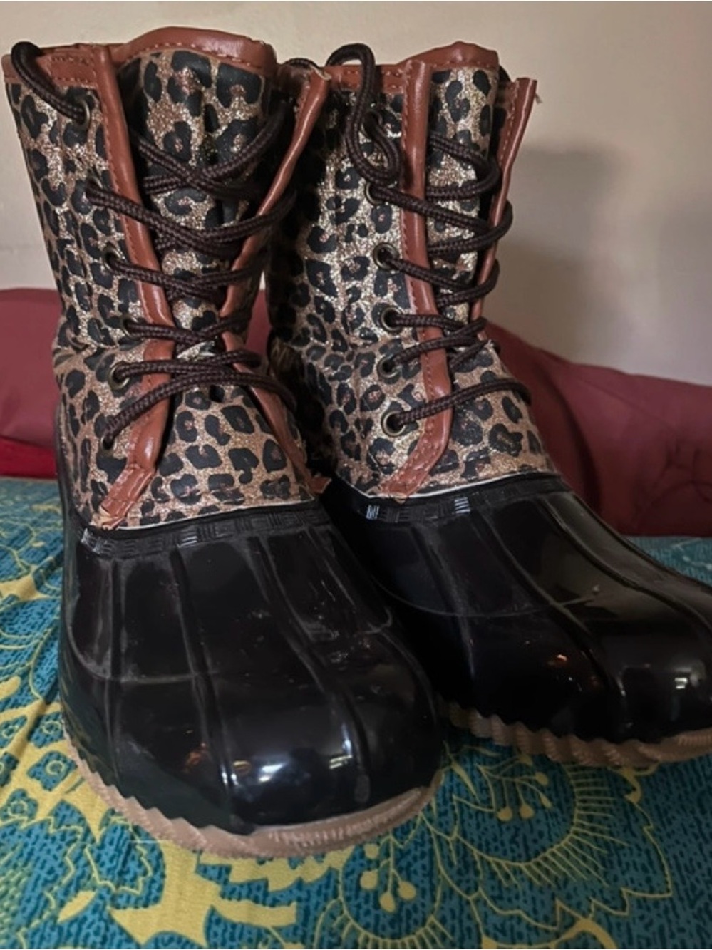 Sugar Leopard-Print Winter Duck Boots in Black and Brown